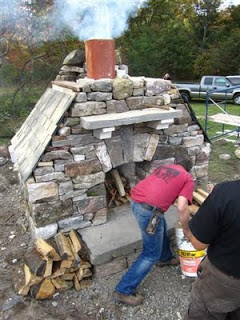 a stone fireplace